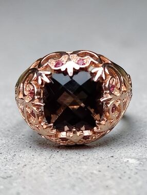 18k Rose Gold Vermeil Sterling Silver Smoky Topaz And Pink Sapphire Ring